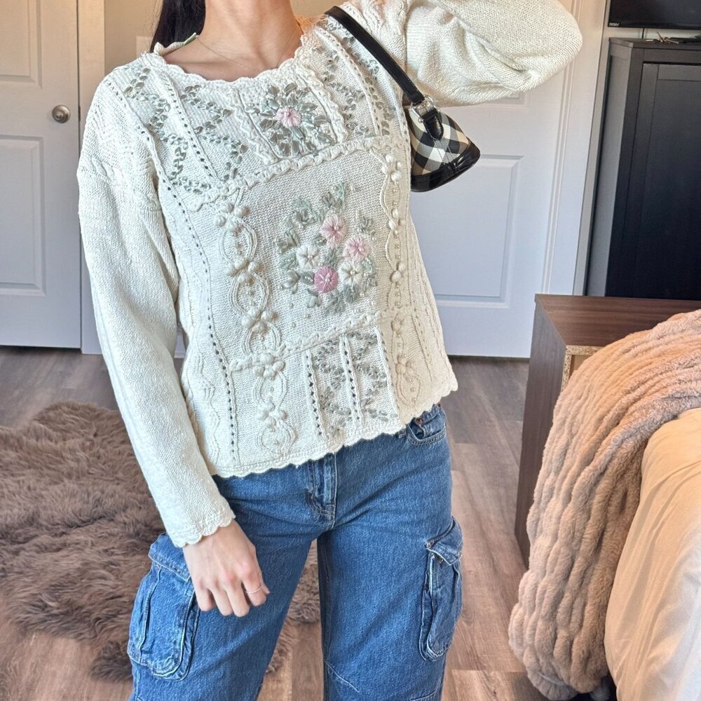 Vintage Coquette Cottagecore Embroidered Knit Sweater Floral Pearl Grandma S